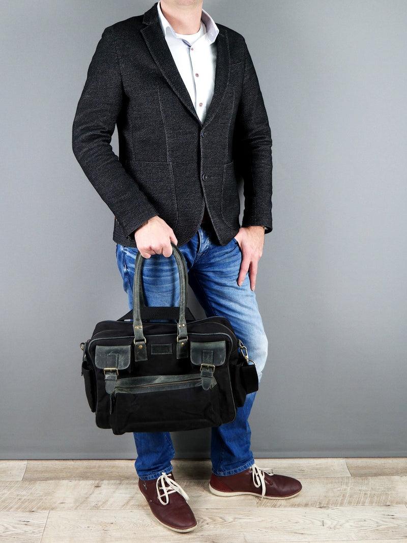 Leconi Aktentasche Arbeitstasche Damen Herren Canvas Leder Schwarz LE3038