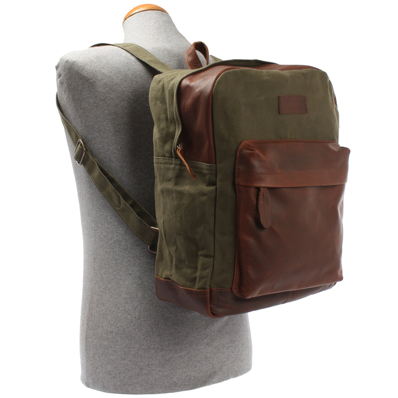 Leconi Freizeitrucksack Lederrucksack Sportrucksack Leder Canvas Grün LE1015