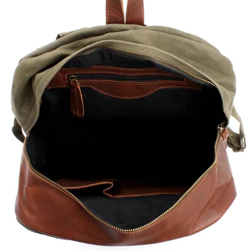 Leconi Freizeitrucksack Lederrucksack Sportrucksack Leder Canvas Grün LE1015
