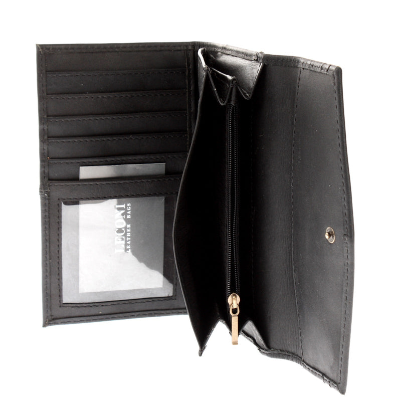 Leconi Geldbörse Portemonnaie Damen Querformat Leder Schwarz LE9013