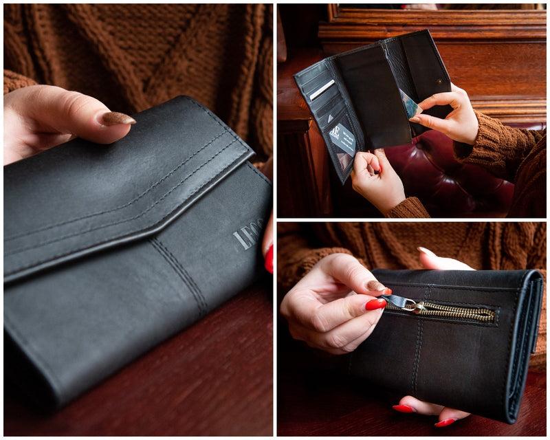 Leconi Geldbörse Portemonnaie Damen Querformat Leder Schwarz LE9013