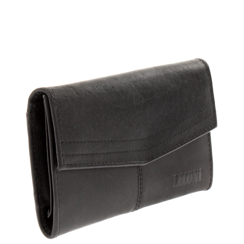 Leconi Geldbörse Portemonnaie Damen Querformat Leder Schwarz LE9013
