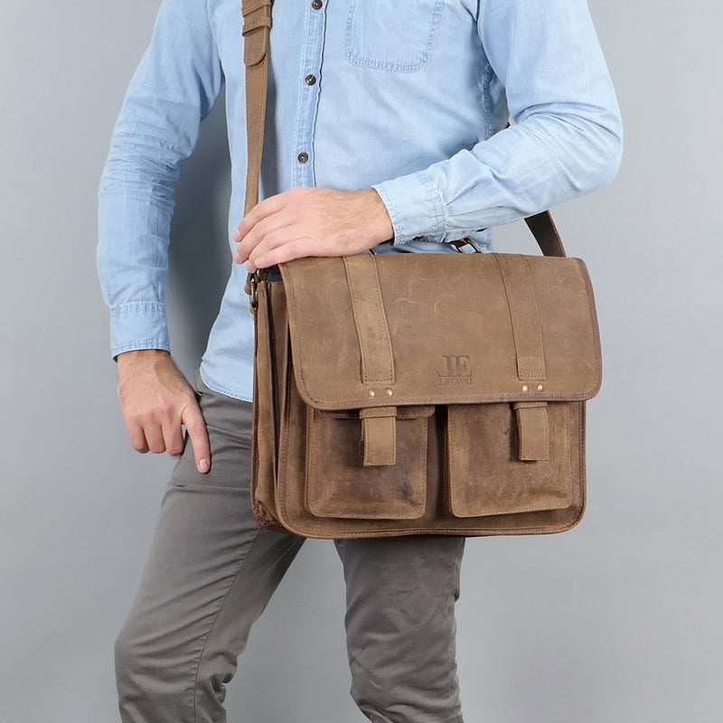 Leconi Große Aktentasche Lehrertasche Businesstasche Leder Vintage Braun LE3030