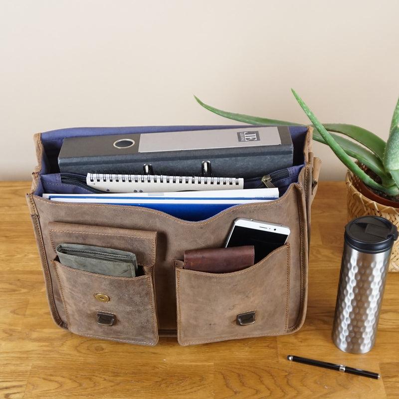 Leconi Große Aktentasche Lehrertasche DIN A4 Leder Braun LE3030