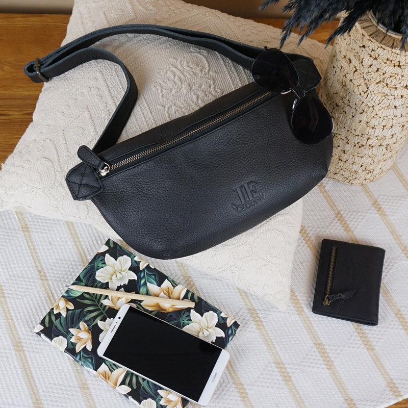 Leconi Große Bauchtasche Umhängetasche Crossbody Ledertasche Leder Schwarz LE3088