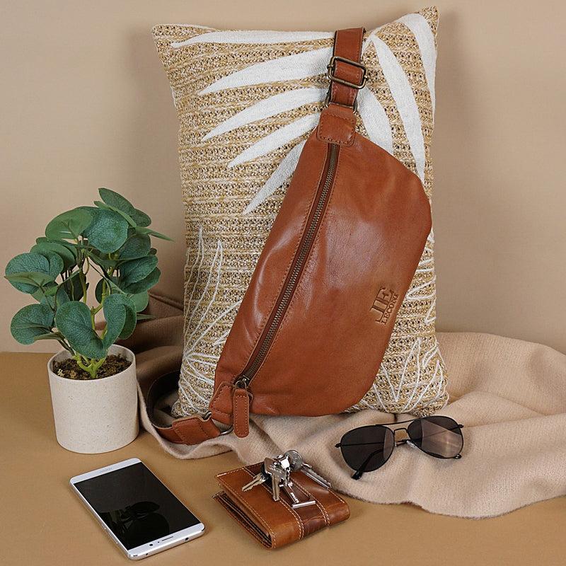 Leconi Große Bauchtasche Umhängetasche Crossbody Ledertasche Leder Cognac LE3087