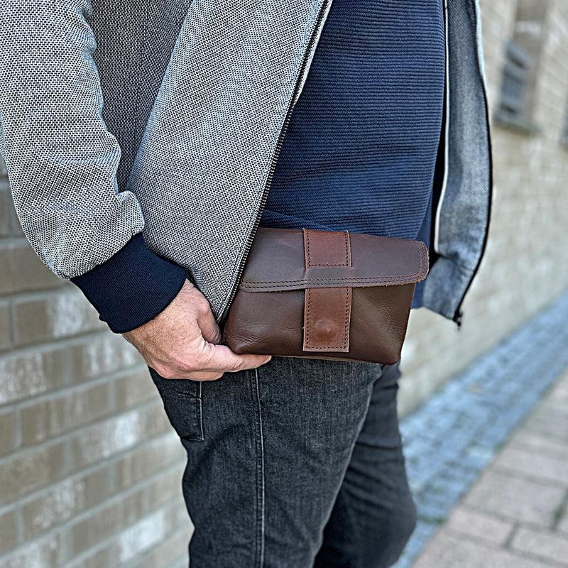 Leconi Große Gürteltasche Bauchtasche Hüfttasche Damen Herren Rindsleder Braun LE9030