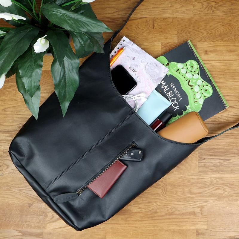 Leconi Große Umhängetasche Schultertasche Beuteltasche Damentasche Leder Schwarz LE0055