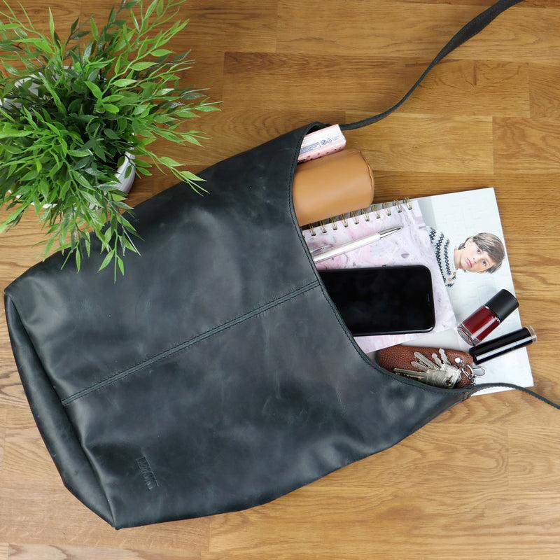 Leconi Große Umhängetasche Schultertasche Beuteltasche Damentasche Leder Grau LE0055