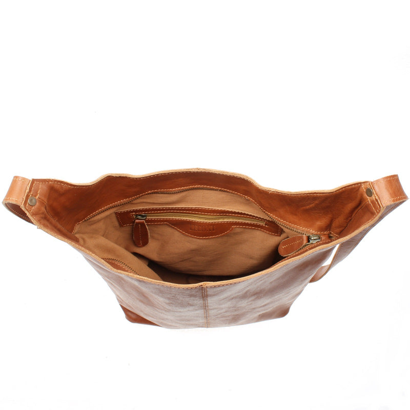 Leconi Große Umhängetasche Schultertasche Beuteltasche Damentasche Leder Cognac LE0055