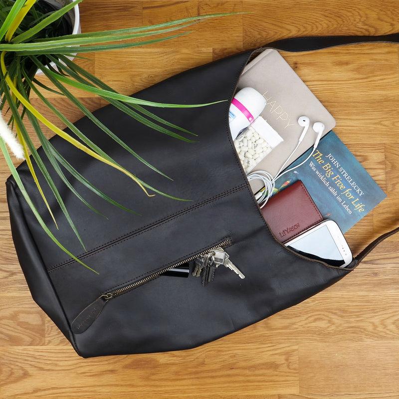 Leconi Große Umhängetasche Schultertasche Beuteltasche Damentasche Leder Dunkelbraun LE0055