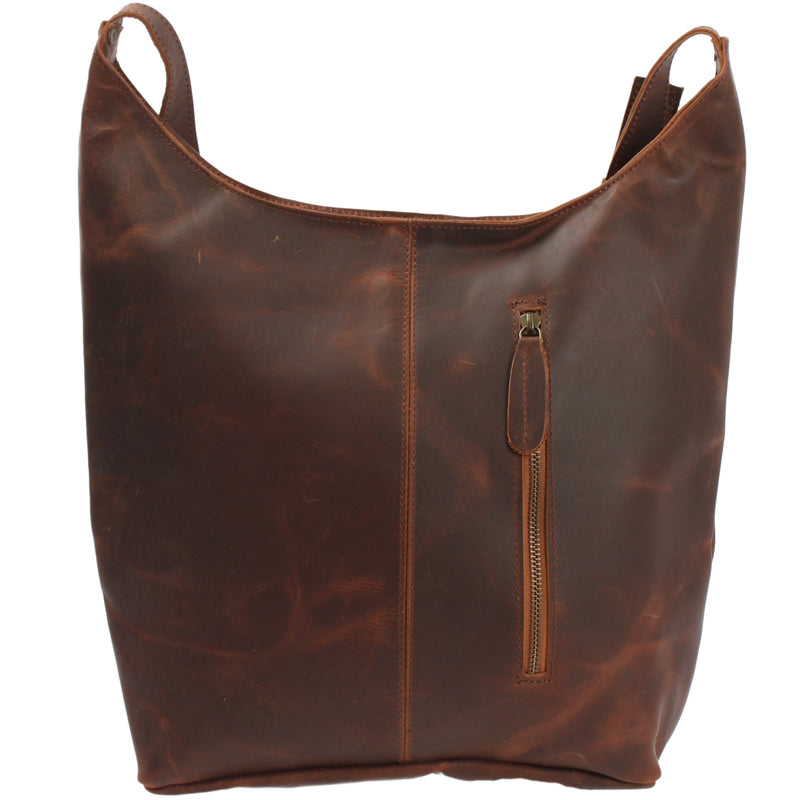 Leconi Große Umhängetasche Schultertasche Beuteltasche Damentasche Leder Braun LE0055
