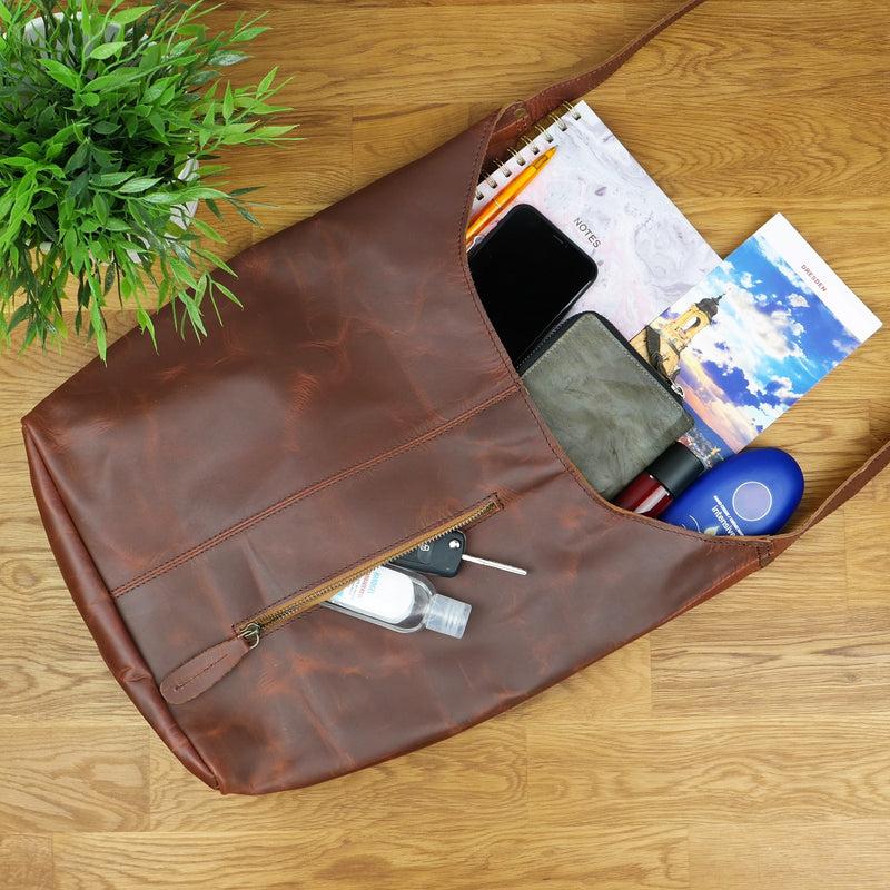 Leconi Große Umhängetasche Schultertasche Beuteltasche Damentasche Leder Braun LE0055