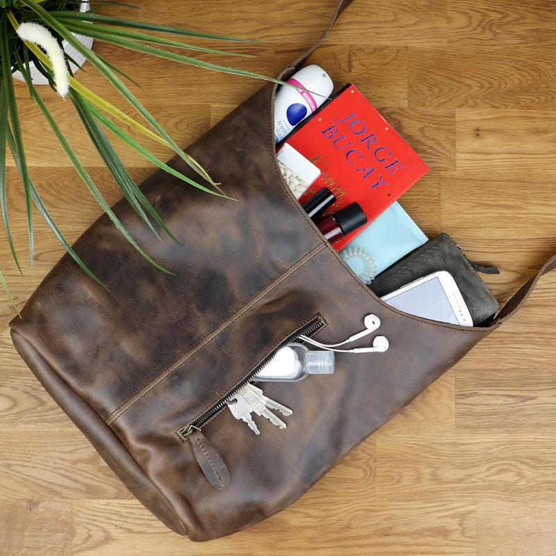 Leconi Große Umhängetasche Schultertasche Beuteltasche Damentasche Leder Schlamm LE0055