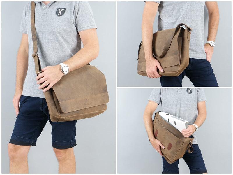 Leconi Große Umhängetasche Schultertasche Messenger Bag Aktentasche Businesstasche Leder Vintage Braun LE3064