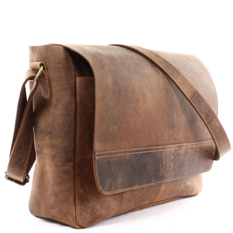 Leconi Große Umhängetasche Schultertasche Messenger Bag Aktentasche Businesstasche Leder Vintage Braun LE3064
