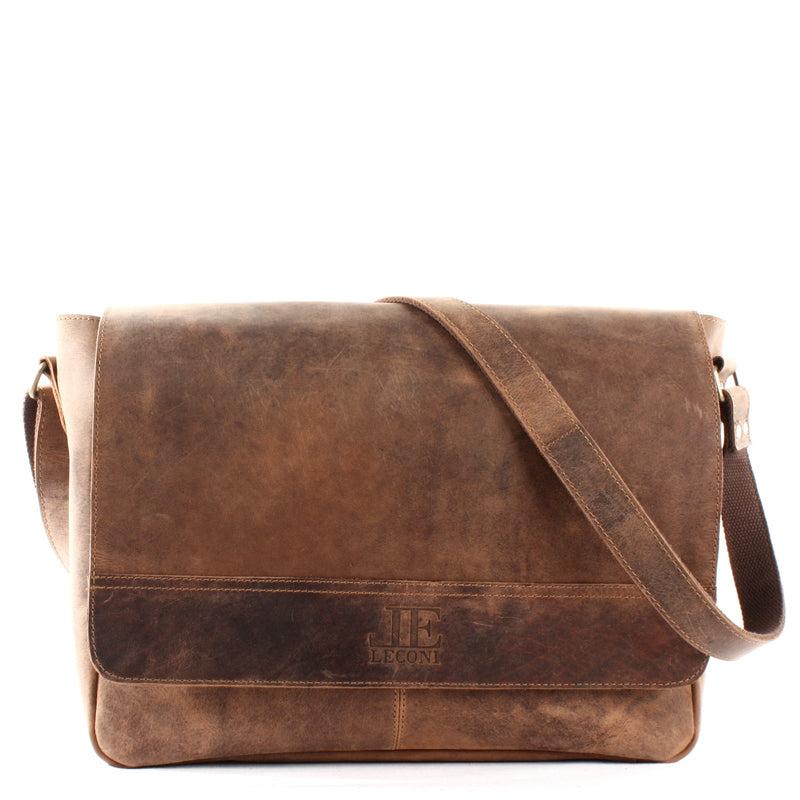 Leconi große Umhängetasche Schultertasche Messenger Bag Aktentasche Businesstasche Leder vintage braun LE3064