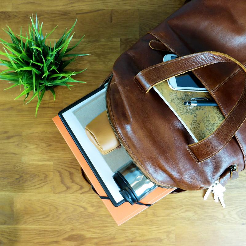 Leconi Großer Rucksack Lederrucksack Freizeitrucksack Damen Herren Leder Braun LE1020