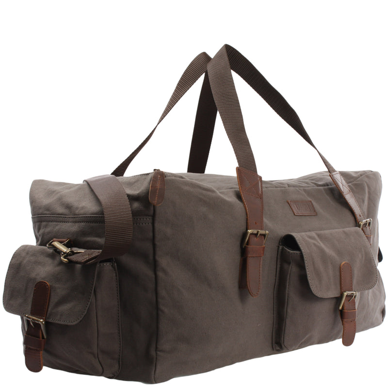 Leconi Großer Weekender Reisetasche Sporttasche Damen Herren Leder Canvas Grau LE2019