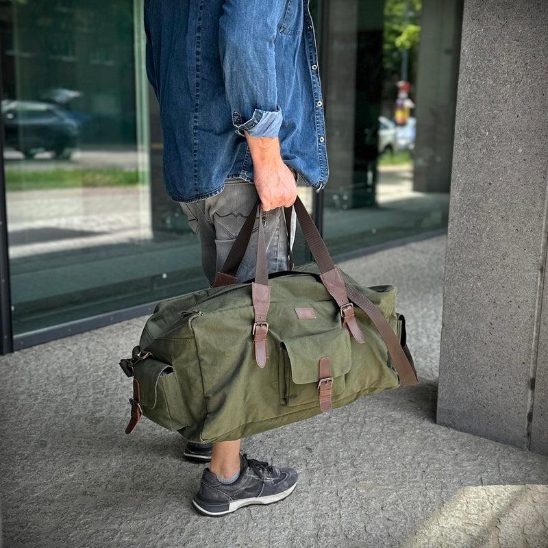 Leconi Großer Weekender Reisetasche Sporttasche Damen Herren Leder Canvas Grün LE2019