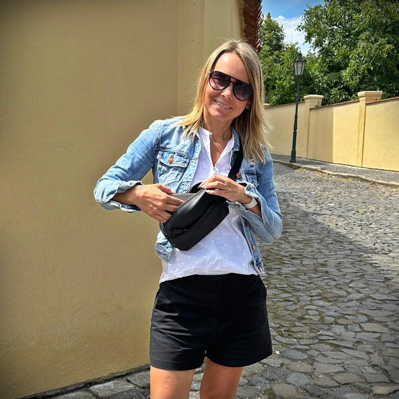 Leconi Gürteltasche Bauchtasche Hüfttasche Damen Herren Nappa Leder Schwarz LE9029