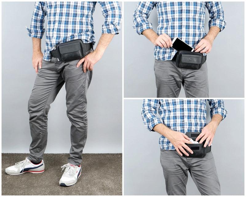 Leconi Gürteltasche Bauchtasche Hüfttasche Festivaltasche Büffelleder Schwarz LE9015