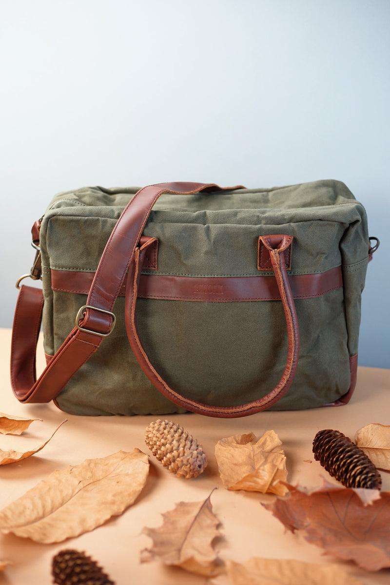 Leconi Handgepäck Arbeitstasche Damen Herren Leder Canvas Grün LE2007