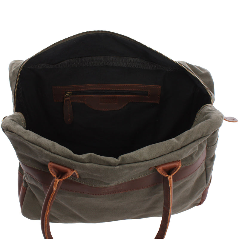 Leconi Handgepäck Arbeitstasche Damen Herren Leder Canvas Grün LE2007