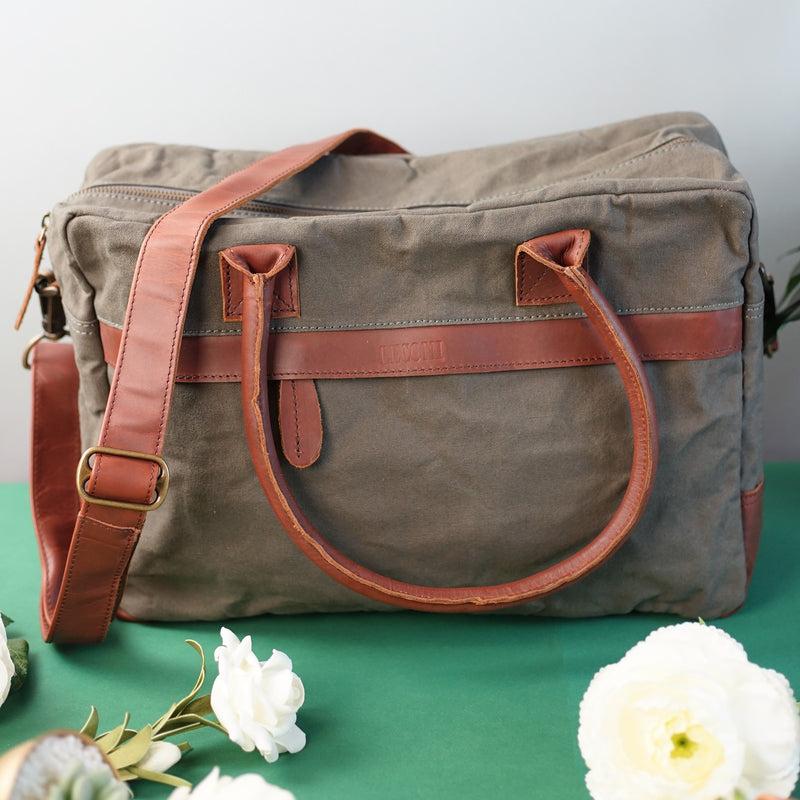 Leconi Handgepäck Arbeitstasche Damen Herren Leder Canvas Grau LE2007