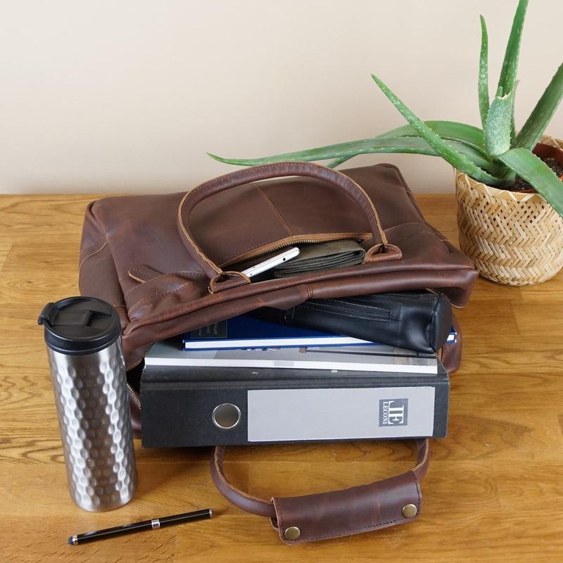Leconi Handgepäck Arbeitstasche Ledertasche Damen Herren Leder Braun LE2007