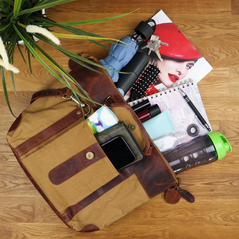 Leconi Henkeltasche Damentasche Canvas Leder Cognac LE0043