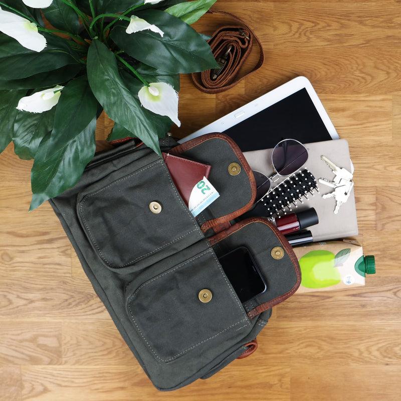 Leconi Henkeltasche Damentasche Canvas Leder Grün LE0042