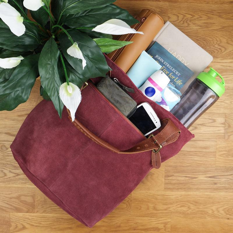 Leconi Henkeltasche Damentasche Veloursleder Leder Bordeaux LE0033