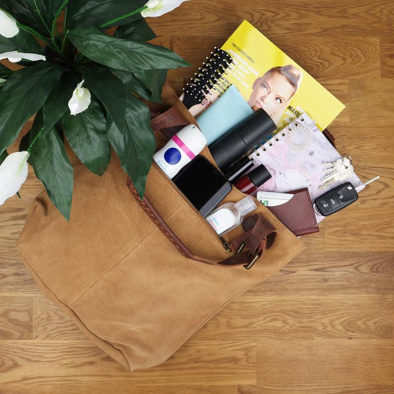 Leconi Henkeltasche Damentasche Veloursleder Leder Cognac LE0033