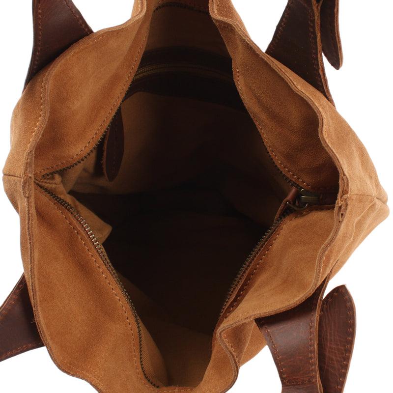 Leconi Henkeltasche Damentasche Veloursleder Leder Cognac LE0033