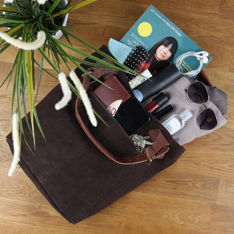 Leconi Henkeltasche Damentasche Veloursleder Leder Dunkelbraun LE0033