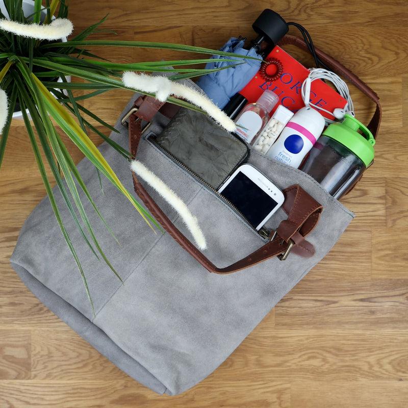 Leconi Henkeltasche Damentasche Veloursleder Leder Grau LE0033