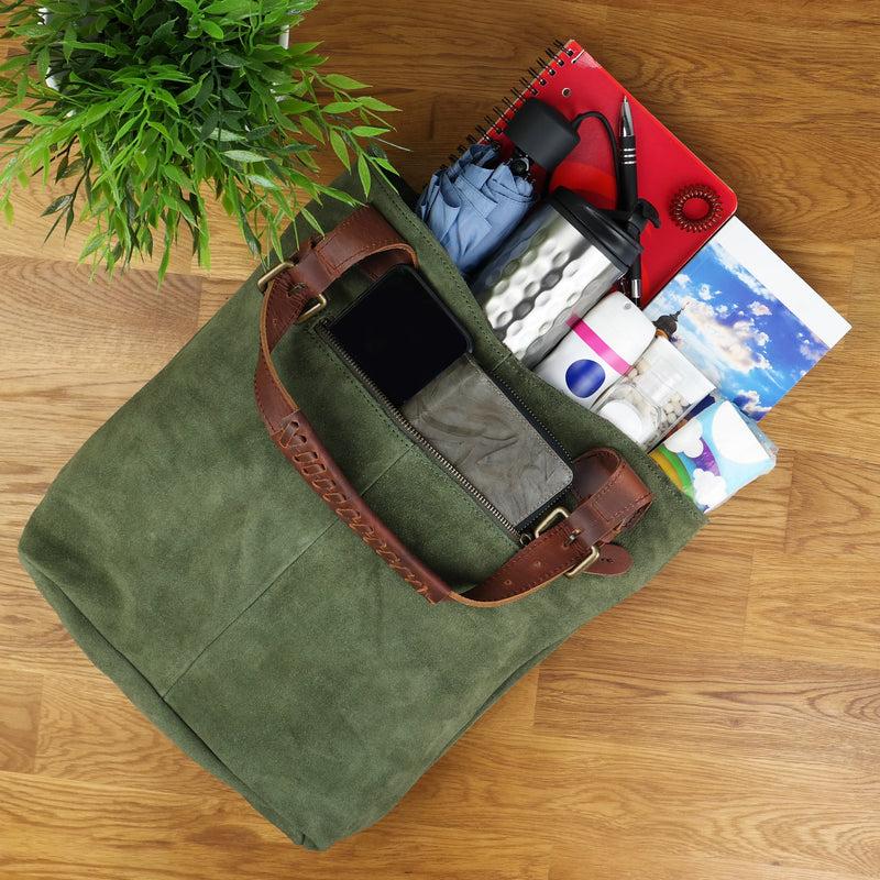 Leconi Henkeltasche Damentasche Veloursleder Leder Grün LE0033