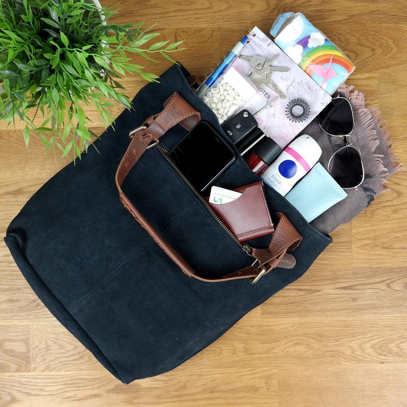 Leconi Henkeltasche Damentasche Wildleder Leder Anthrazit LE0033