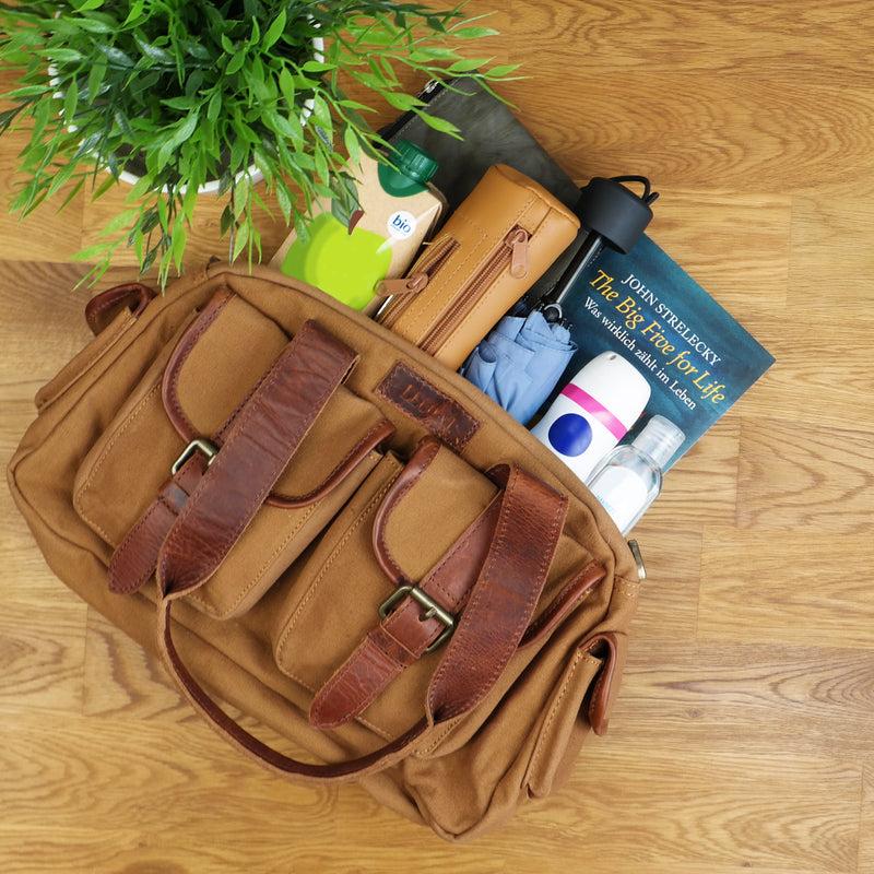 Leconi Henkeltasche Schultertasche Canvas Leder Cognac LE0042