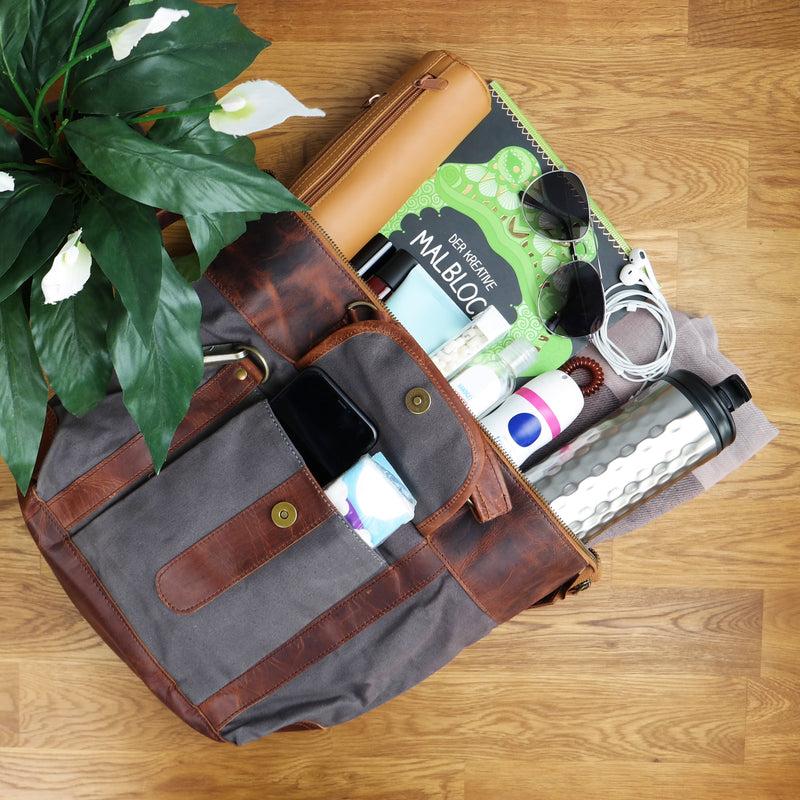 Leconi Henkeltasche Schultertasche Canvas Leder Grau LE0043