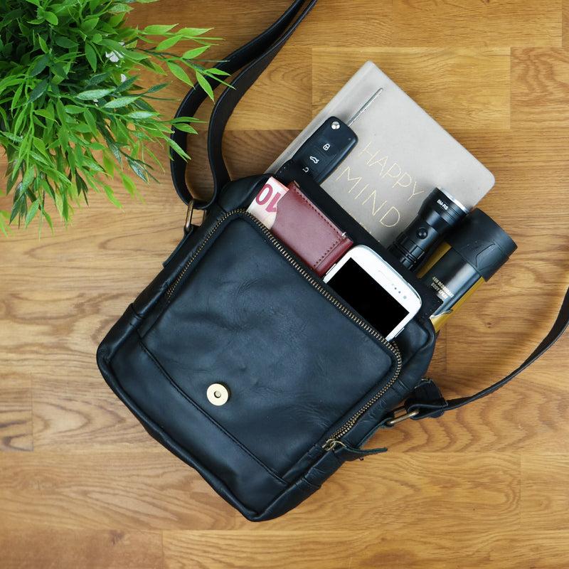 Leconi Kleine Freizeittasche Umhängetasche Schultertasche Leder Schwarz LE3042