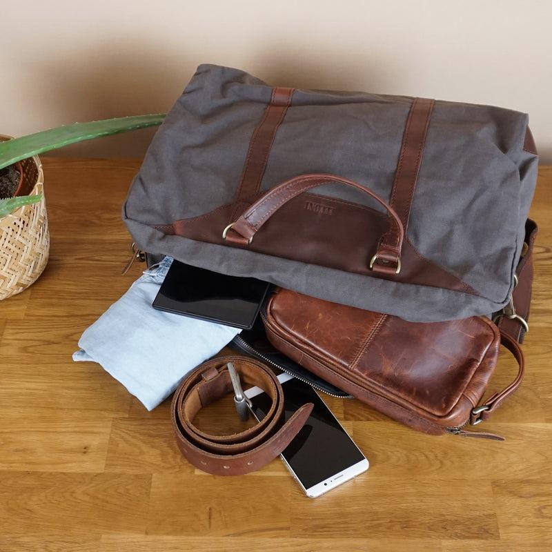 Leconi Kleine Reisetasche Handgepäck Canvas Leder Grau LE2009