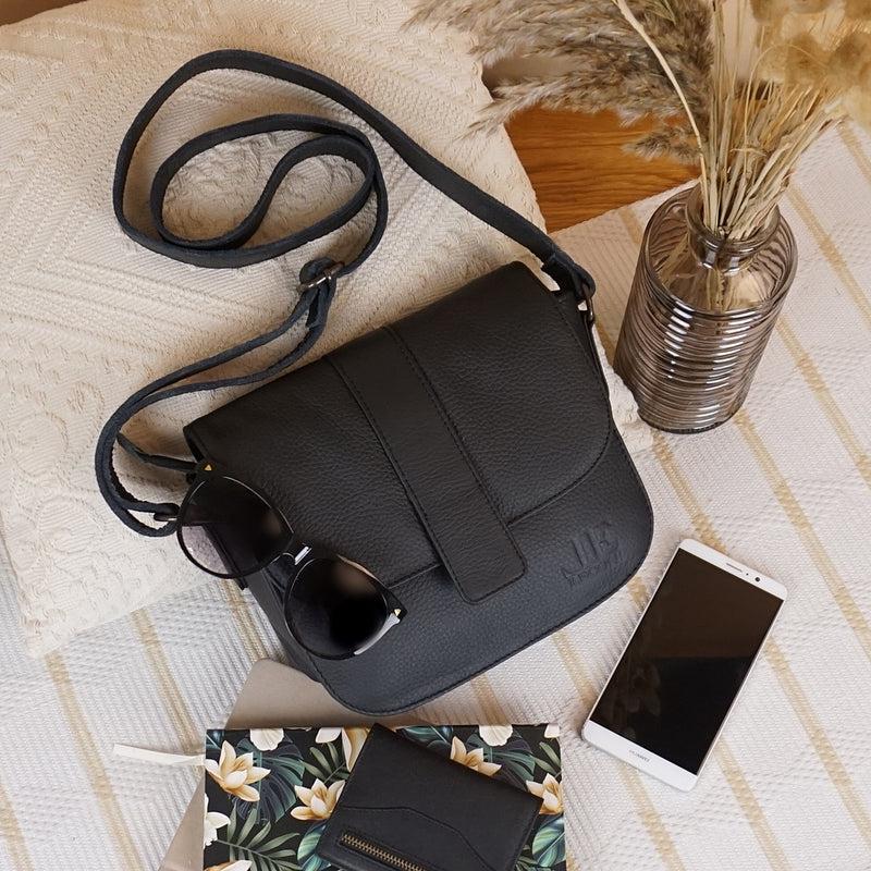 Leconi Kleine Schultertasche Umhängetasche Damentasche Leder Schwarz LE0074