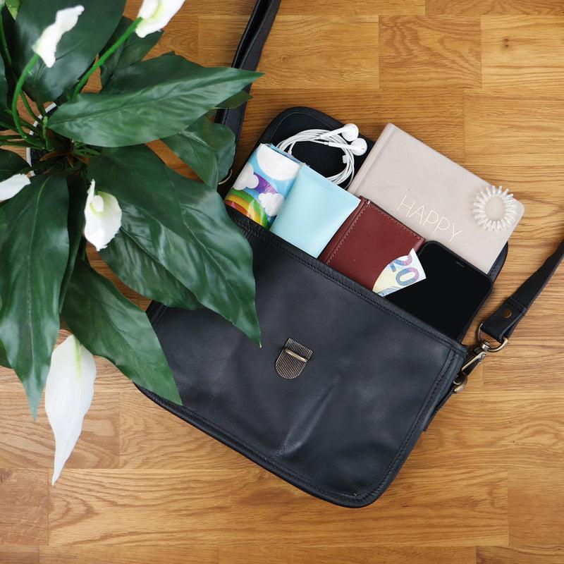 Leconi Kleine Schultertasche Umhängetasche Leder Rindsleder Schwarz LE3041