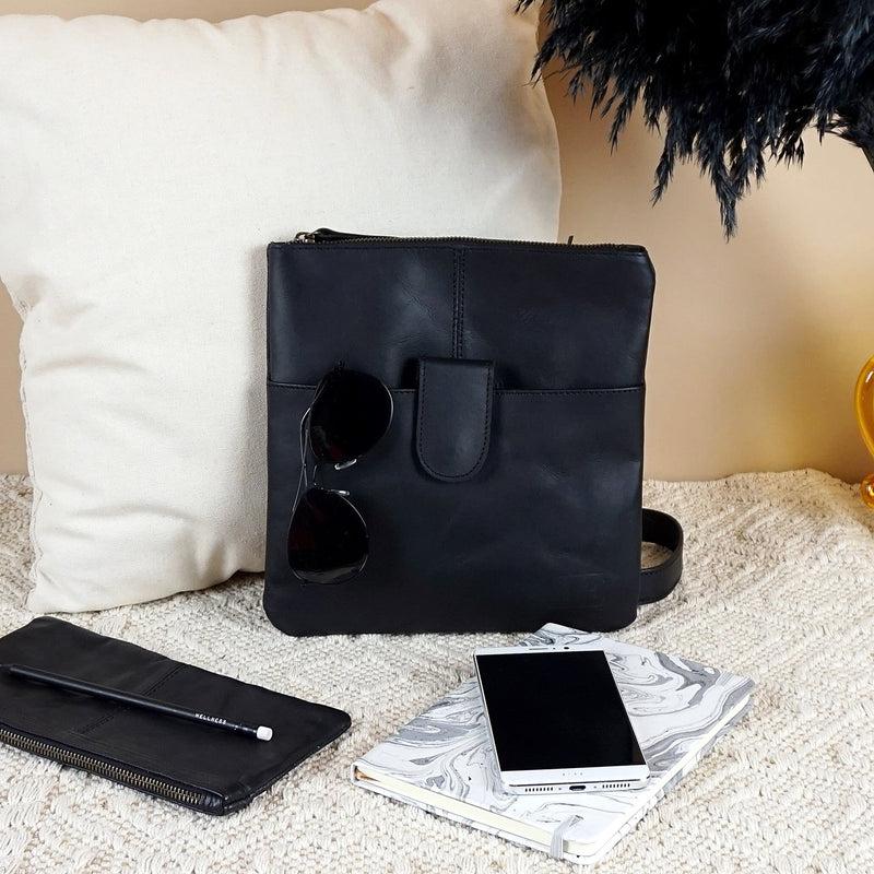 Leconi Kleine Umhängetasche Damentasche Herrentasche Ledertasche Schwarz LE3060