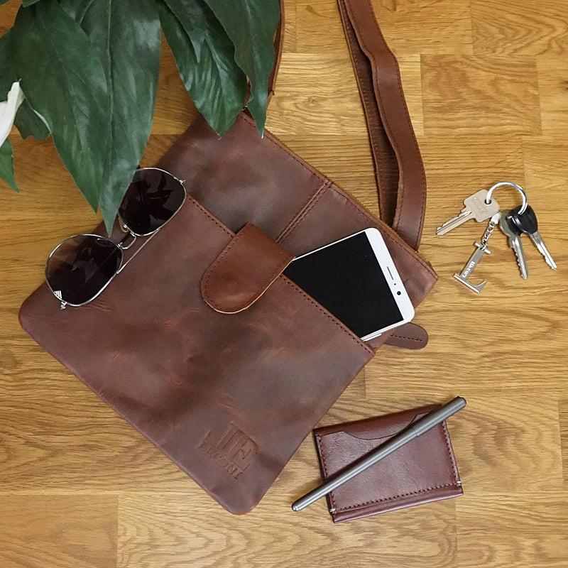 Leconi Kleine Umhängetasche Damentasche Herrentasche Ledertasche Braun LE3060