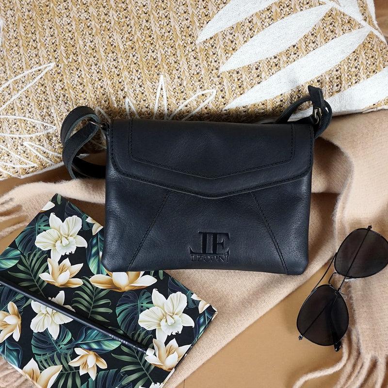 Leconi Kleine Umhängetasche Ledertasche Damentasche Schultertasche Leder Schwarz LE3078