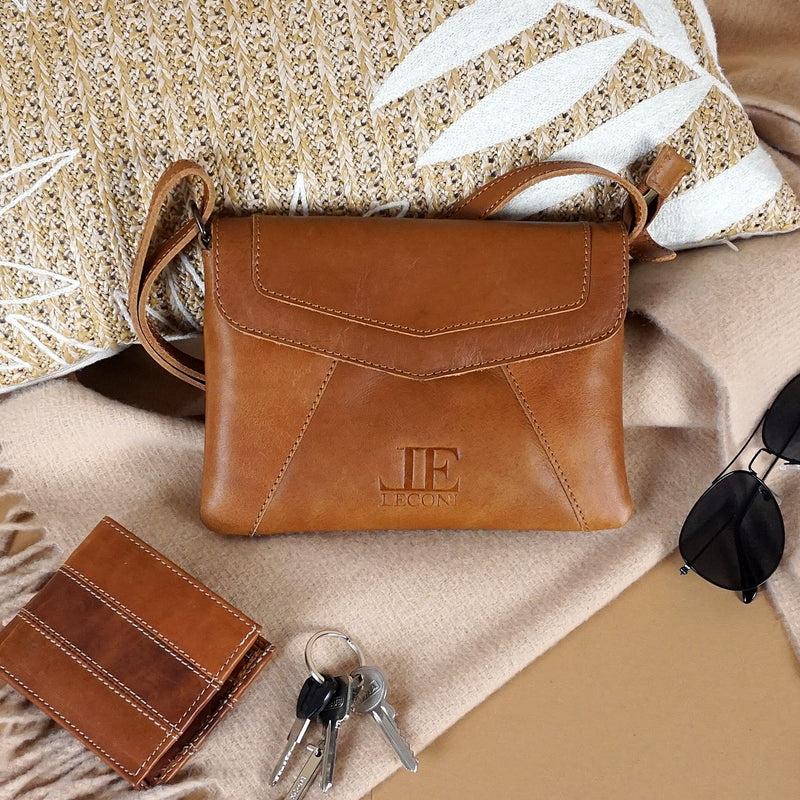 Leconi Kleine Umhängetasche Ledertasche Damentasche Schultertasche Leder Cognac LE3078