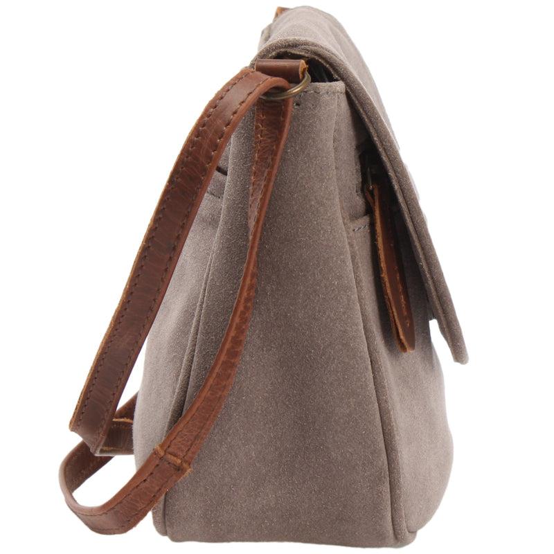 Leconi Kleine Umhängetasche Ledertasche Damentasche Schultertasche Veloursleder Grau LE3047